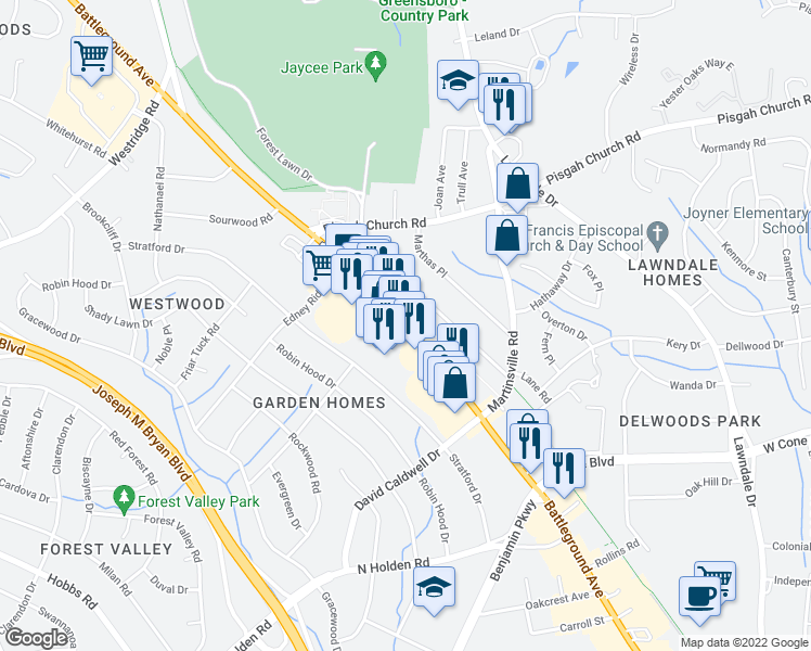 map of restaurants, bars, coffee shops, grocery stores, and more near 2917 Battleground Ave in Greensboro