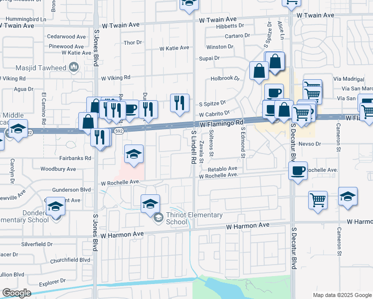 map of restaurants, bars, coffee shops, grocery stores, and more near 5525 West Flamingo Road in Las Vegas
