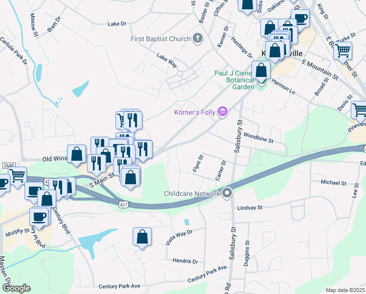 map of restaurants, bars, coffee shops, grocery stores, and more near 627 South Main Street in Kernersville