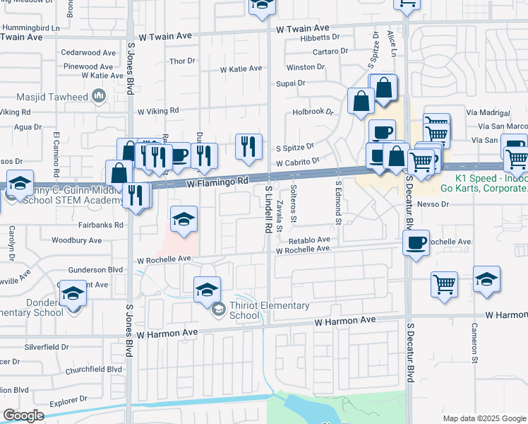 map of restaurants, bars, coffee shops, grocery stores, and more near 5525 West Flamingo Road in Las Vegas
