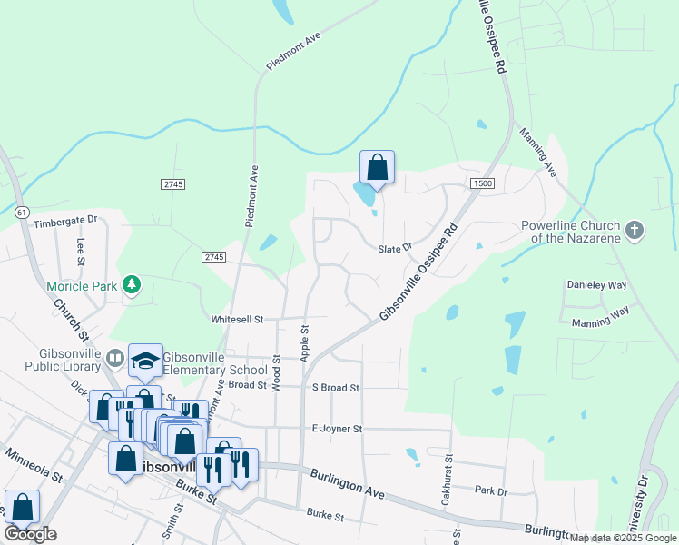 map of restaurants, bars, coffee shops, grocery stores, and more near 508 Pebble Drive in Gibsonville