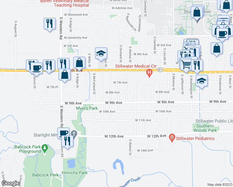 map of restaurants, bars, coffee shops, grocery stores, and more near 1701 West 8th Avenue in Stillwater