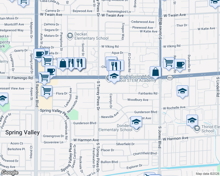 map of restaurants, bars, coffee shops, grocery stores, and more near 4150 South Torrey Pines Drive in Las Vegas