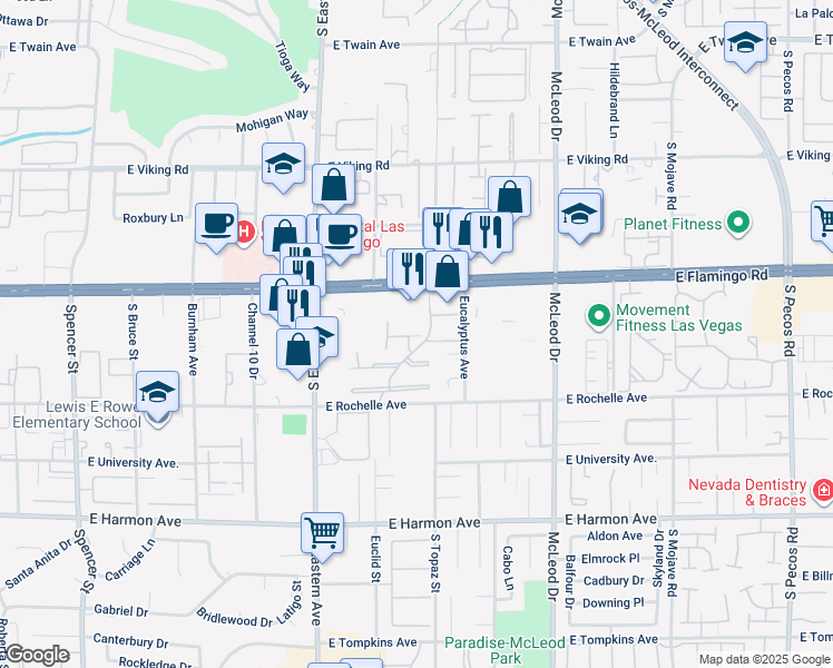 map of restaurants, bars, coffee shops, grocery stores, and more near 4180 Flamingo Crest Drive in Las Vegas