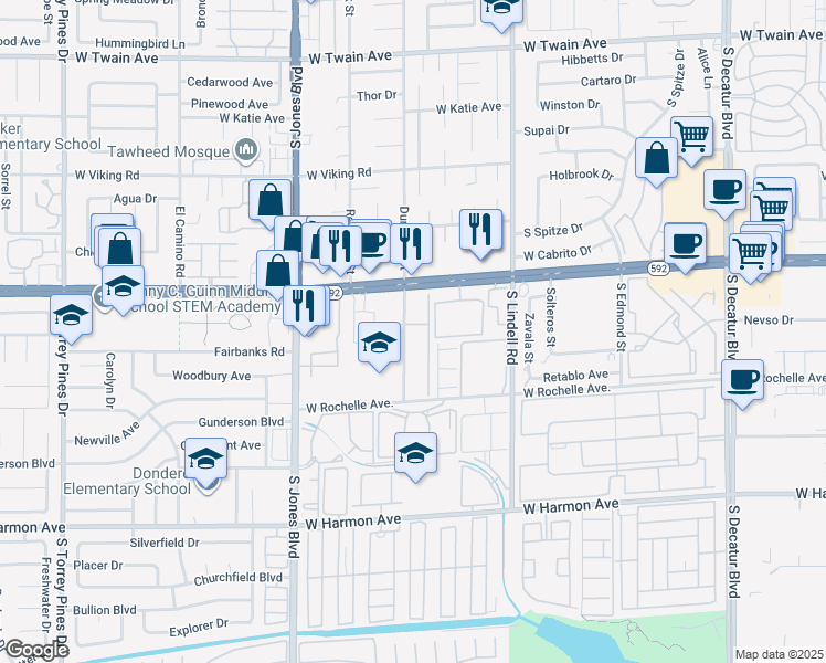 map of restaurants, bars, coffee shops, grocery stores, and more near 5795 West Flamingo Road in Las Vegas