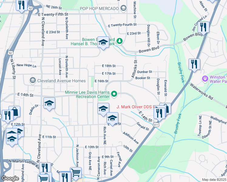 map of restaurants, bars, coffee shops, grocery stores, and more near 2017 Dellabrook Road in Winston-Salem