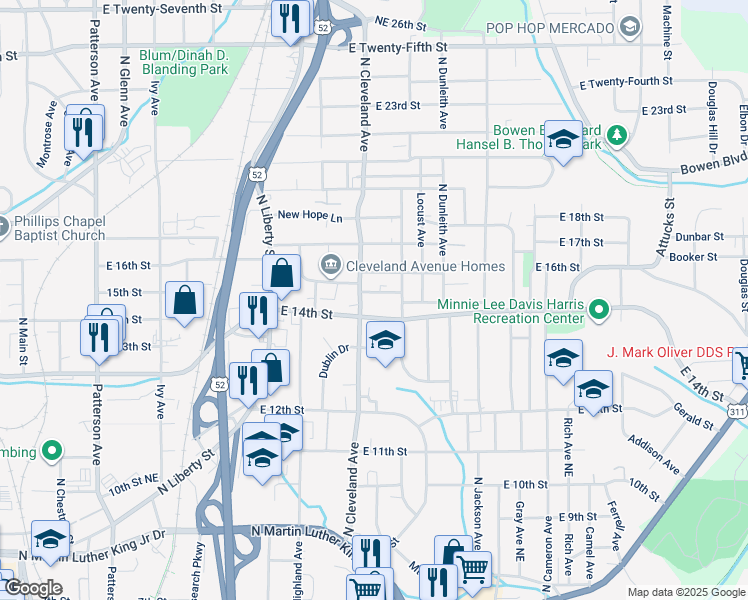 map of restaurants, bars, coffee shops, grocery stores, and more near 1210 East Fifteenth Street in Winston-Salem