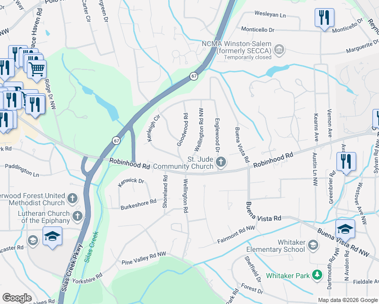 map of restaurants, bars, coffee shops, grocery stores, and more near 909 Goodwood Road in Winston-Salem