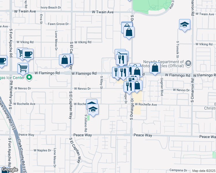 map of restaurants, bars, coffee shops, grocery stores, and more near 8755 West Flamingo Road in Las Vegas