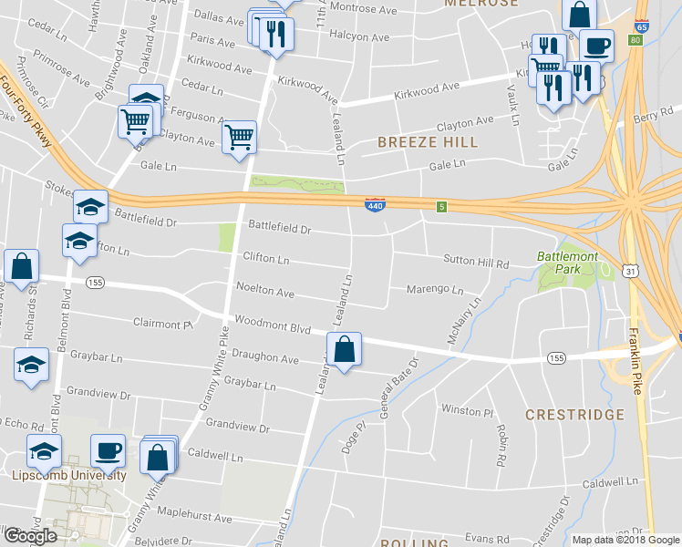 map of restaurants, bars, coffee shops, grocery stores, and more near 3305 Lealand Lane in Nashville