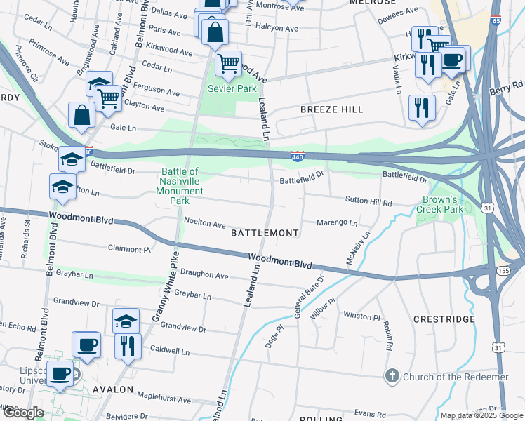 map of restaurants, bars, coffee shops, grocery stores, and more near 3305 Lealand Lane in Nashville