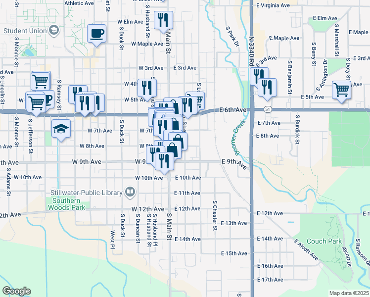 map of restaurants, bars, coffee shops, grocery stores, and more near in Stillwater