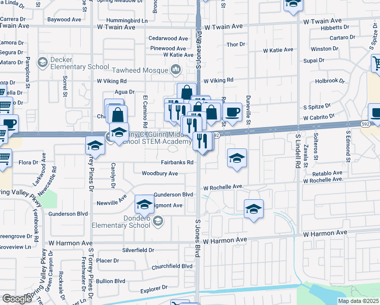map of restaurants, bars, coffee shops, grocery stores, and more near 6105 Nevada 592 in Las Vegas