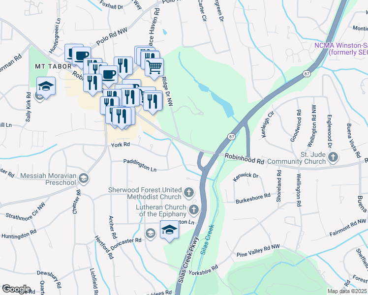 map of restaurants, bars, coffee shops, grocery stores, and more near 3256 Robinhood Road in Winston-Salem