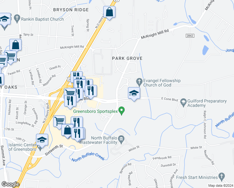 map of restaurants, bars, coffee shops, grocery stores, and more near 2528 16th Street in Greensboro