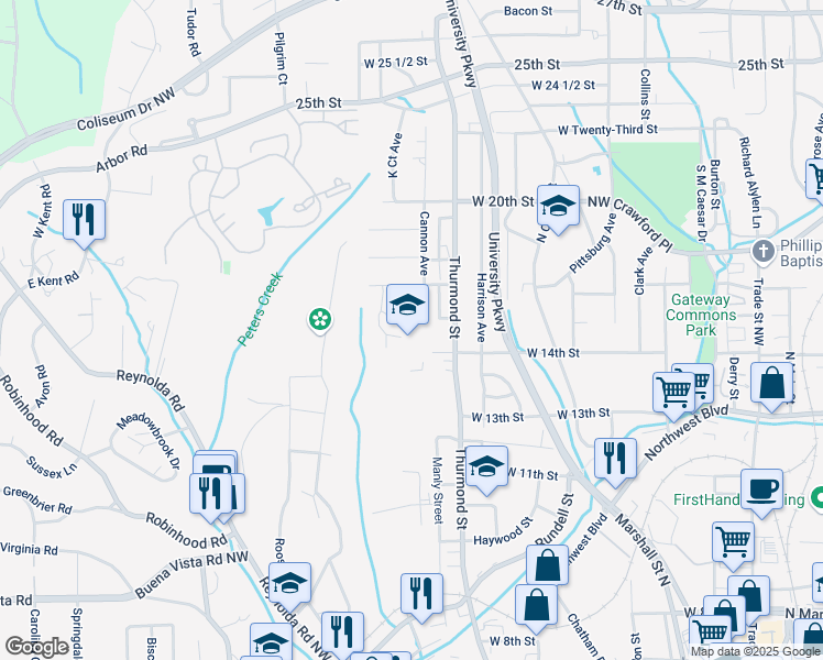 map of restaurants, bars, coffee shops, grocery stores, and more near 1394 Thurmond Street in Winston-Salem