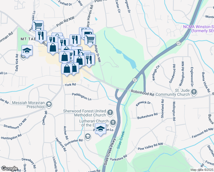 map of restaurants, bars, coffee shops, grocery stores, and more near 3256 Robinhood Road in Winston-Salem