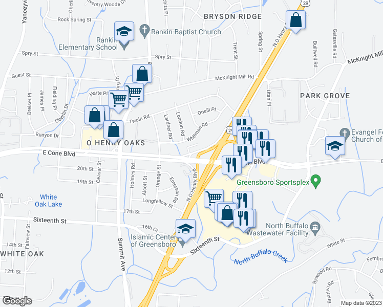 map of restaurants, bars, coffee shops, grocery stores, and more near 1819 North O Henry Boulevard Srv Road in Greensboro