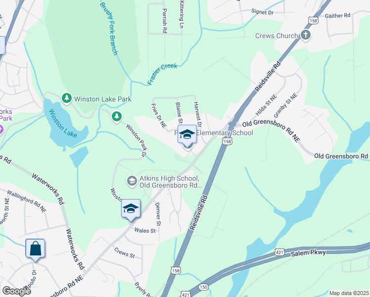 map of restaurants, bars, coffee shops, grocery stores, and more near 3815 Old Greensboro Road in Winston-Salem