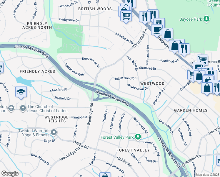 map of restaurants, bars, coffee shops, grocery stores, and more near 2607 Gracewood Drive in Greensboro