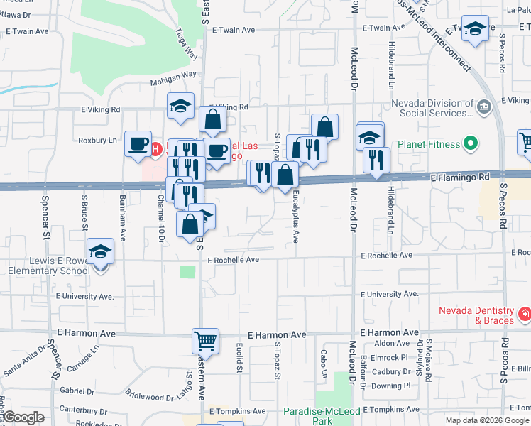 map of restaurants, bars, coffee shops, grocery stores, and more near 4180 Flamingo Crest Drive in Las Vegas