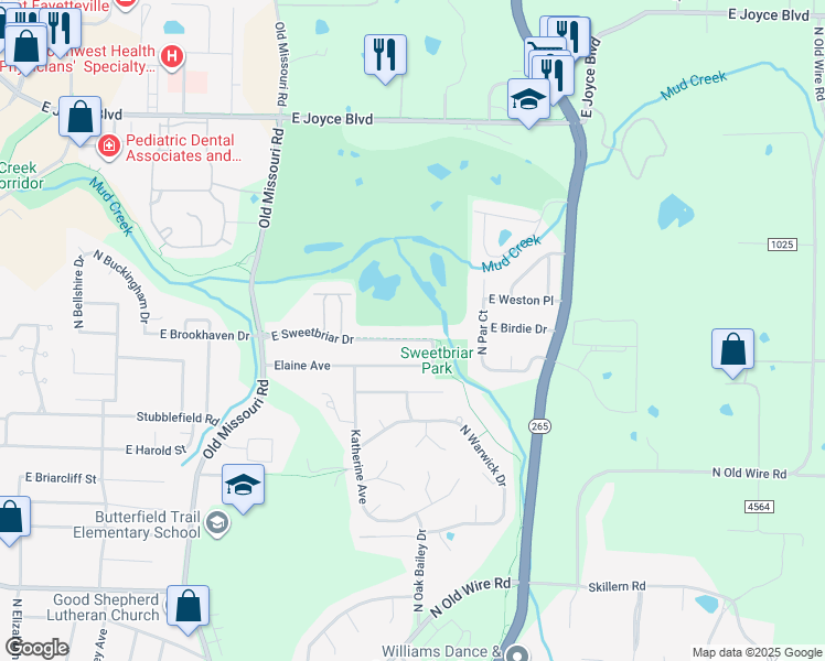 map of restaurants, bars, coffee shops, grocery stores, and more near 2566 East Sweetbriar Drive in Fayetteville