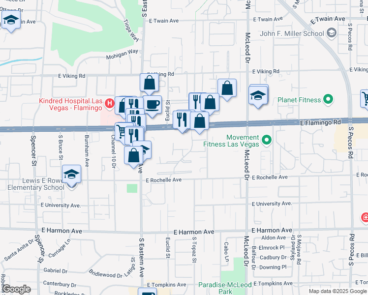 map of restaurants, bars, coffee shops, grocery stores, and more near 4180 Flamingo Crest Drive in Las Vegas