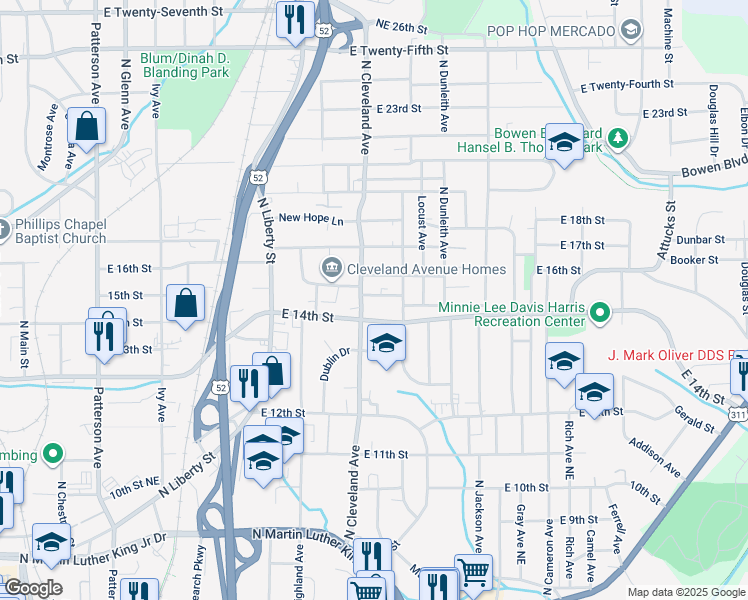 map of restaurants, bars, coffee shops, grocery stores, and more near 1210 East Fifteenth Street in Winston-Salem