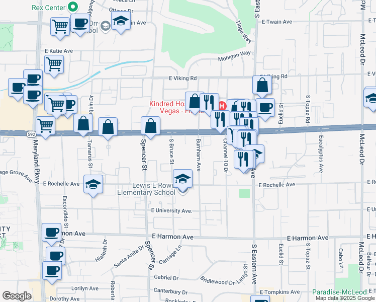 map of restaurants, bars, coffee shops, grocery stores, and more near 2075 East Flamingo Road in Las Vegas