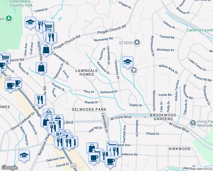 map of restaurants, bars, coffee shops, grocery stores, and more near 3309 Wilshire Drive in Greensboro