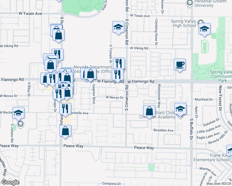 map of restaurants, bars, coffee shops, grocery stores, and more near 8301 West Flamingo Road in Las Vegas