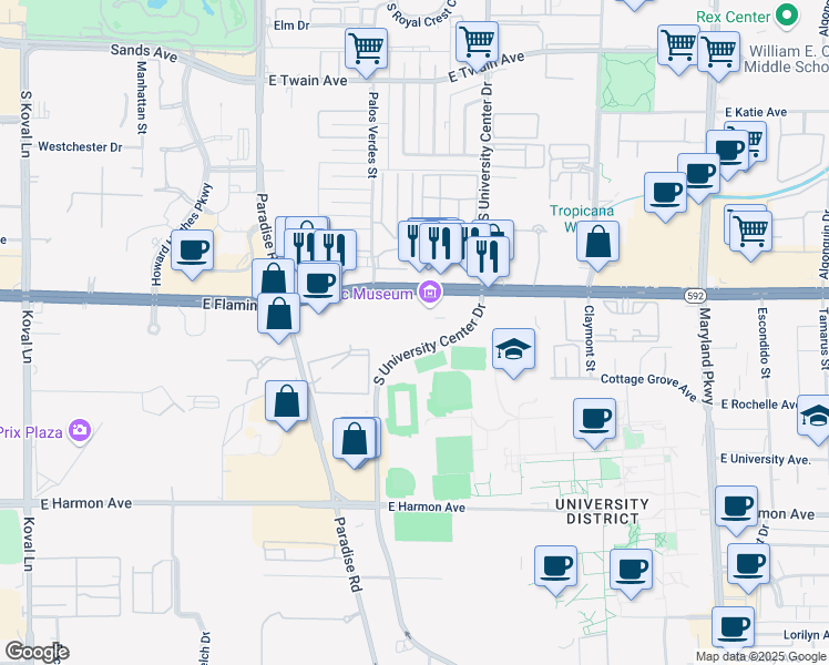 map of restaurants, bars, coffee shops, grocery stores, and more near 4131 South University Center Drive in Las Vegas