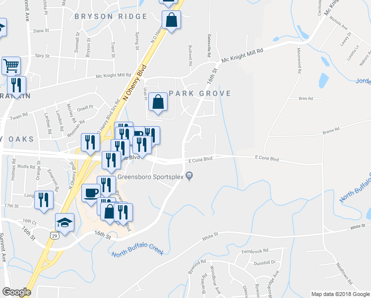 map of restaurants, bars, coffee shops, grocery stores, and more near 2530 16th Street in Greensboro