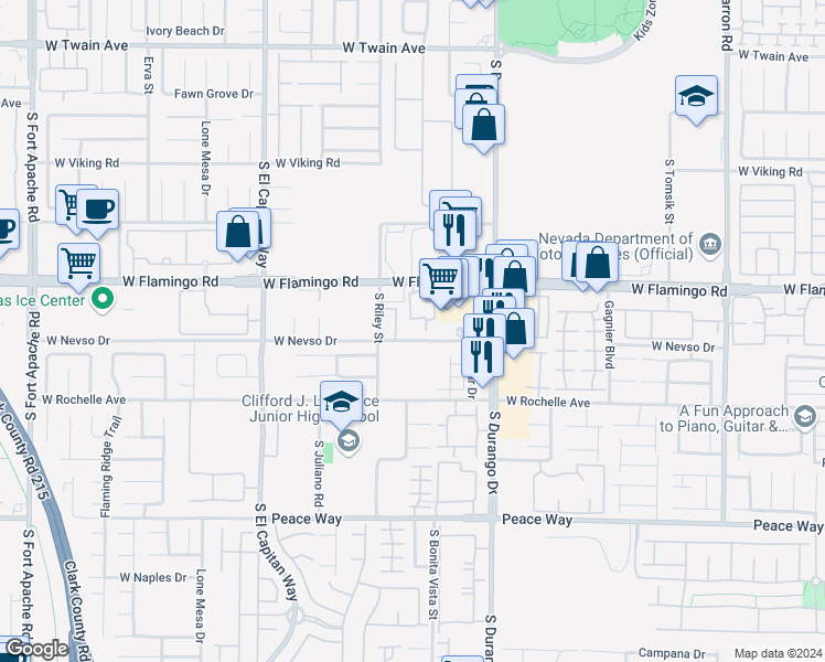 map of restaurants, bars, coffee shops, grocery stores, and more near 8725 West Flamingo Road in Las Vegas