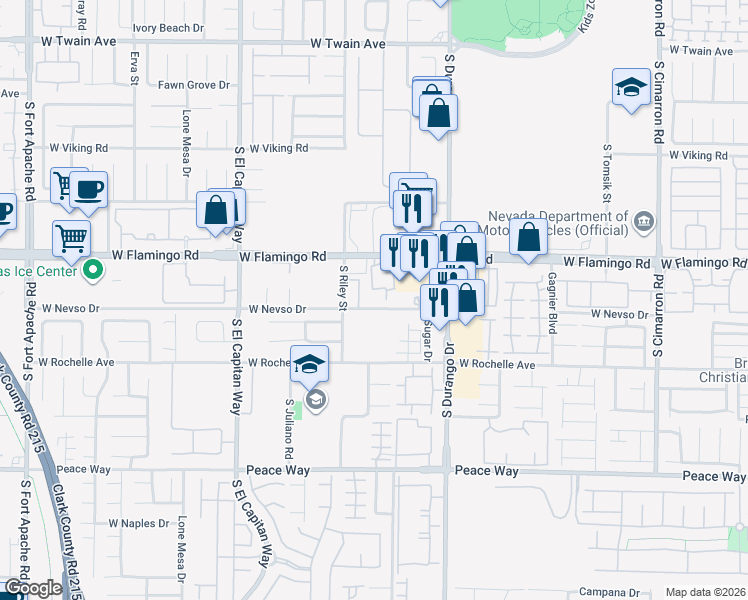map of restaurants, bars, coffee shops, grocery stores, and more near 8755 West Flamingo Road in Las Vegas