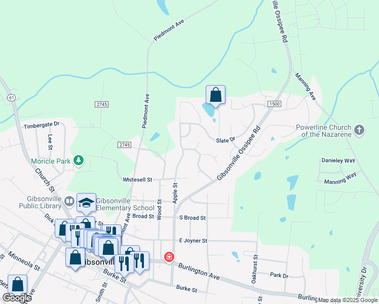 map of restaurants, bars, coffee shops, grocery stores, and more near 504 Pebble Drive in Gibsonville