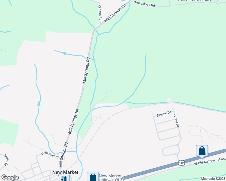 map of restaurants, bars, coffee shops, grocery stores, and more near 1298 Mitchell Road in New Market