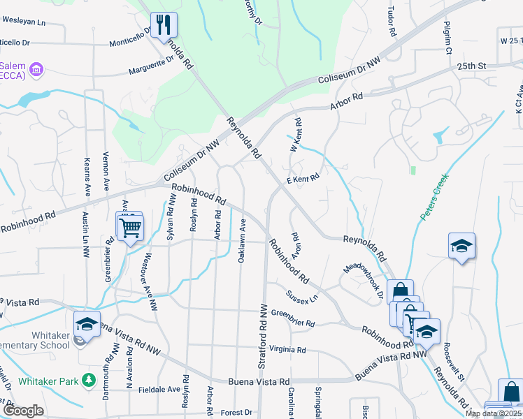 map of restaurants, bars, coffee shops, grocery stores, and more near 917 Oaklawn Avenue Northwest in Winston-Salem