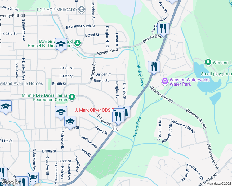 map of restaurants, bars, coffee shops, grocery stores, and more near 1432 Douglas Street in Winston-Salem
