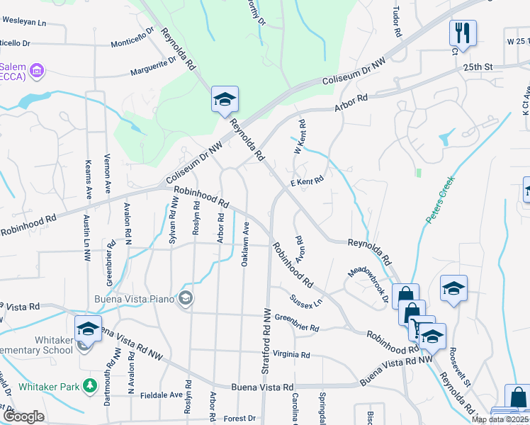 map of restaurants, bars, coffee shops, grocery stores, and more near 924 Stratford Road Northwest in Winston-Salem