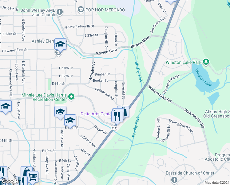 map of restaurants, bars, coffee shops, grocery stores, and more near 1432 Douglas Street in Winston-Salem