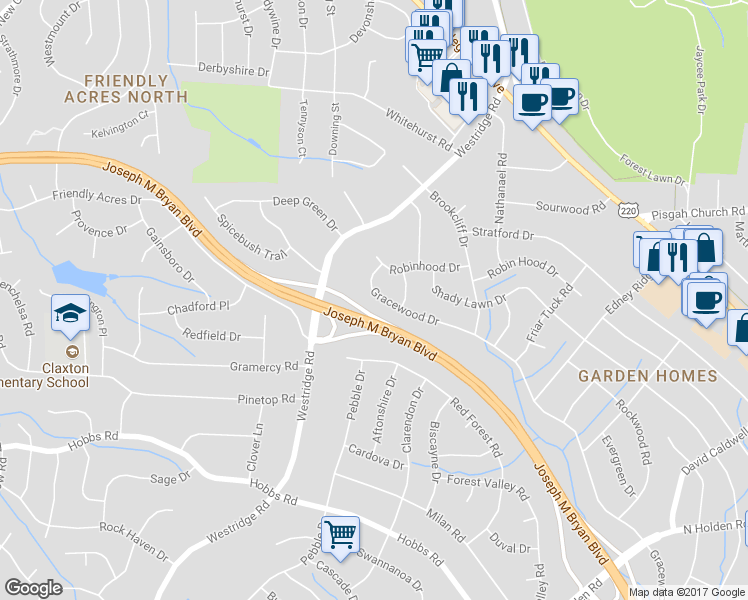 map of restaurants, bars, coffee shops, grocery stores, and more near 2607 Gracewood Drive in Greensboro