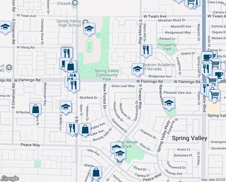 map of restaurants, bars, coffee shops, grocery stores, and more near 7520 Silver Leaf Way in Las Vegas