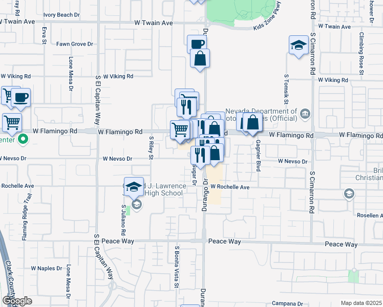 map of restaurants, bars, coffee shops, grocery stores, and more near 4145 South Durango Drive in Las Vegas