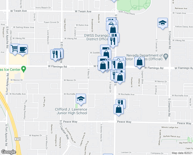 map of restaurants, bars, coffee shops, grocery stores, and more near 8755 West Flamingo Road in Las Vegas