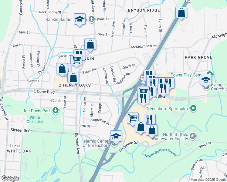map of restaurants, bars, coffee shops, grocery stores, and more near 1804 Whitman Road in Greensboro