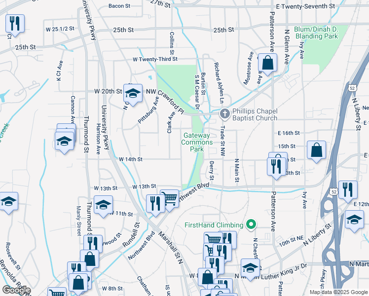 map of restaurants, bars, coffee shops, grocery stores, and more near 1426 Underwood Avenue in Winston-Salem