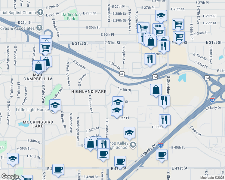 map of restaurants, bars, coffee shops, grocery stores, and more near 3512 South Irvington Place in Tulsa