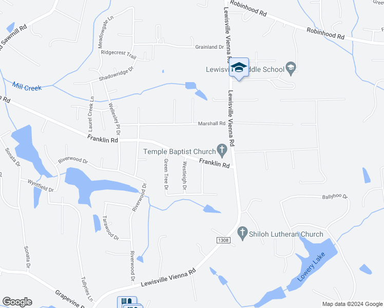 map of restaurants, bars, coffee shops, grocery stores, and more near 7125 Franklin Road in Lewisville