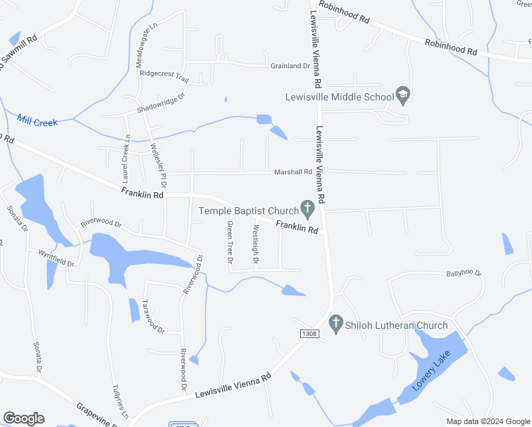 map of restaurants, bars, coffee shops, grocery stores, and more near 7125 Franklin Road in Lewisville